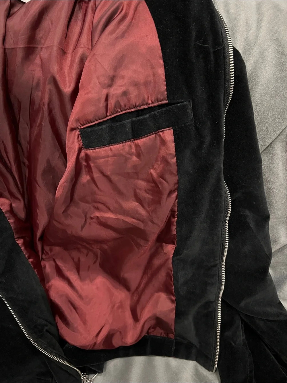 Urban Outfitters Black Velvet Bomber Jacket with Burgundy Lining